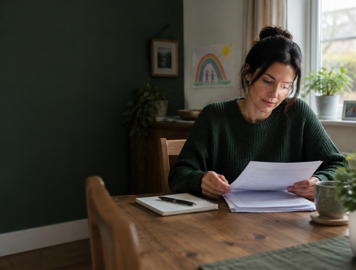 Father reviewing application papers at a dining table